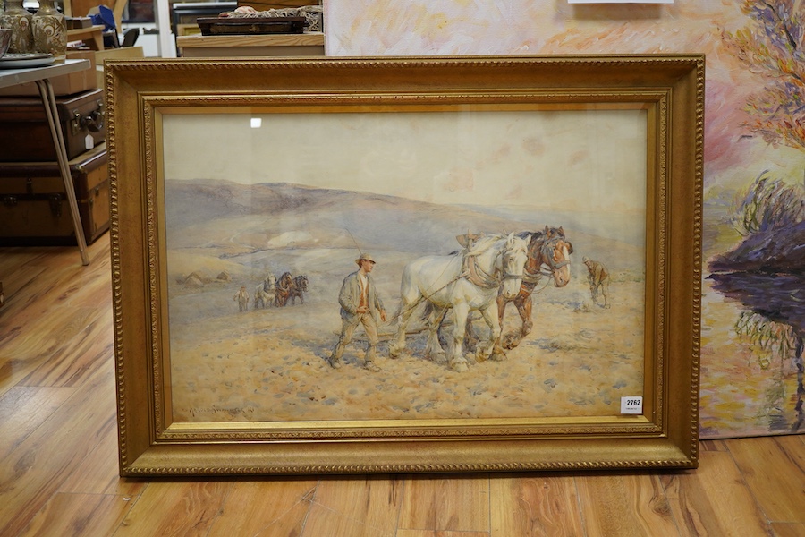 Joseph Harold Swanwick RI (1866-1929), Sussex ploughing scene, signed, watercolour, 57 x 89cm
